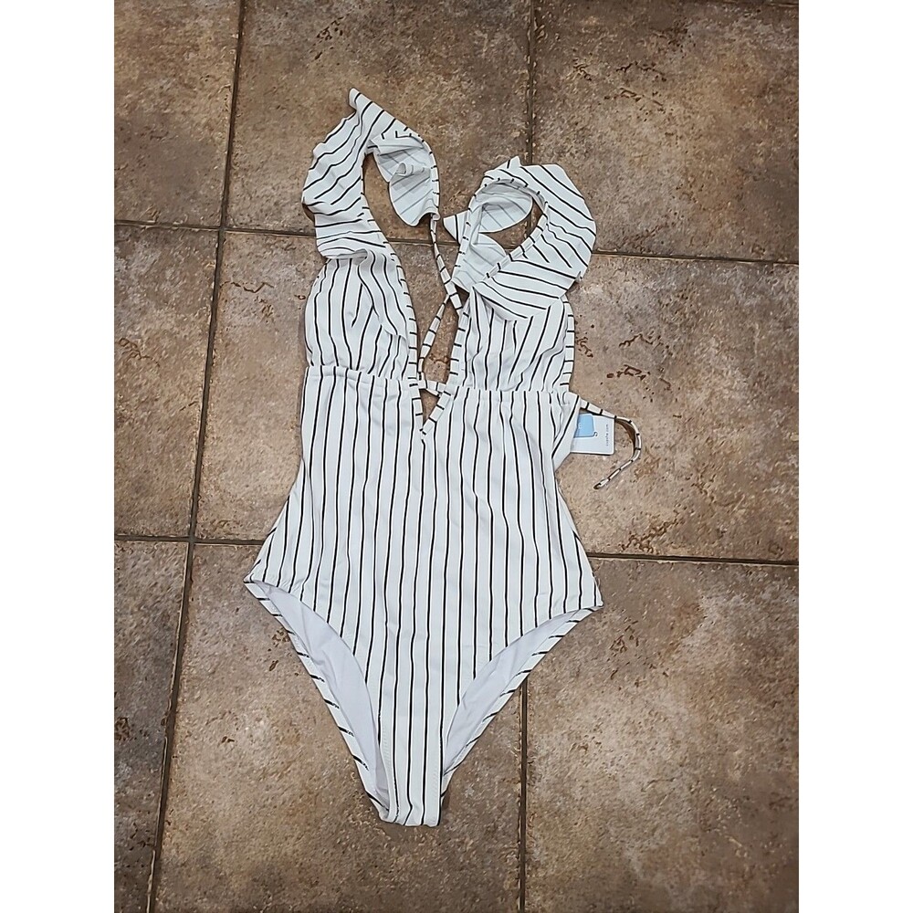 White And Black Stripe Ruffle One Piece Swimsuit sz S